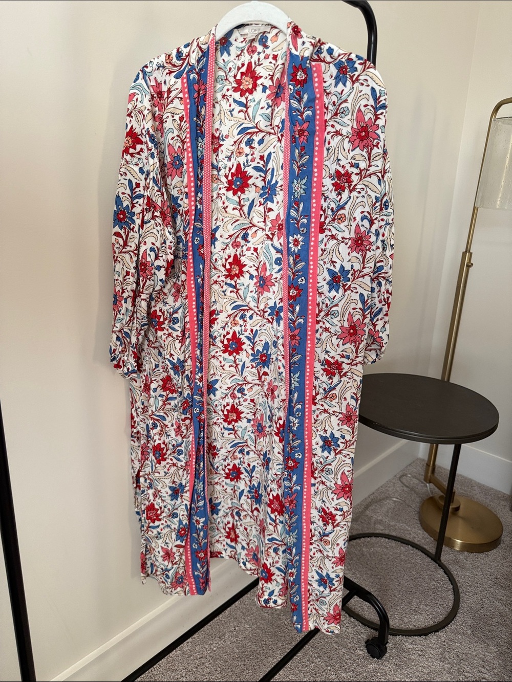 LOFT Floral Open-Front Kimono Jacket in White, Red & Blue